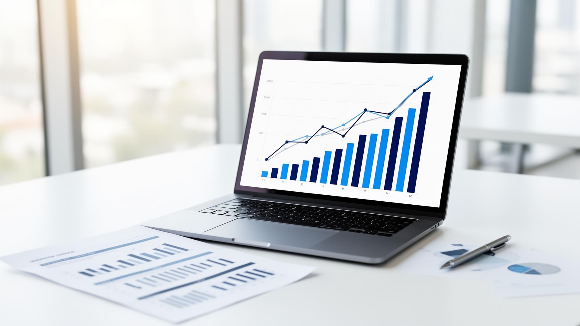 Laptop showing upward business growth chart on a bright office desk