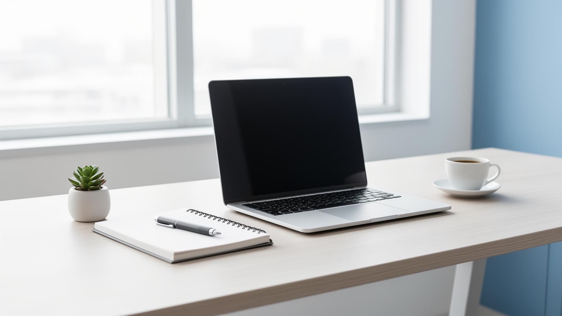 Bright executive workspace with laptop, notebook, and natural daylight