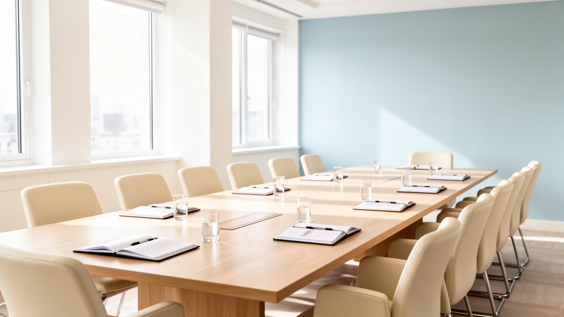 Bright modern conference room with long table and natural light, set for a strategy session
